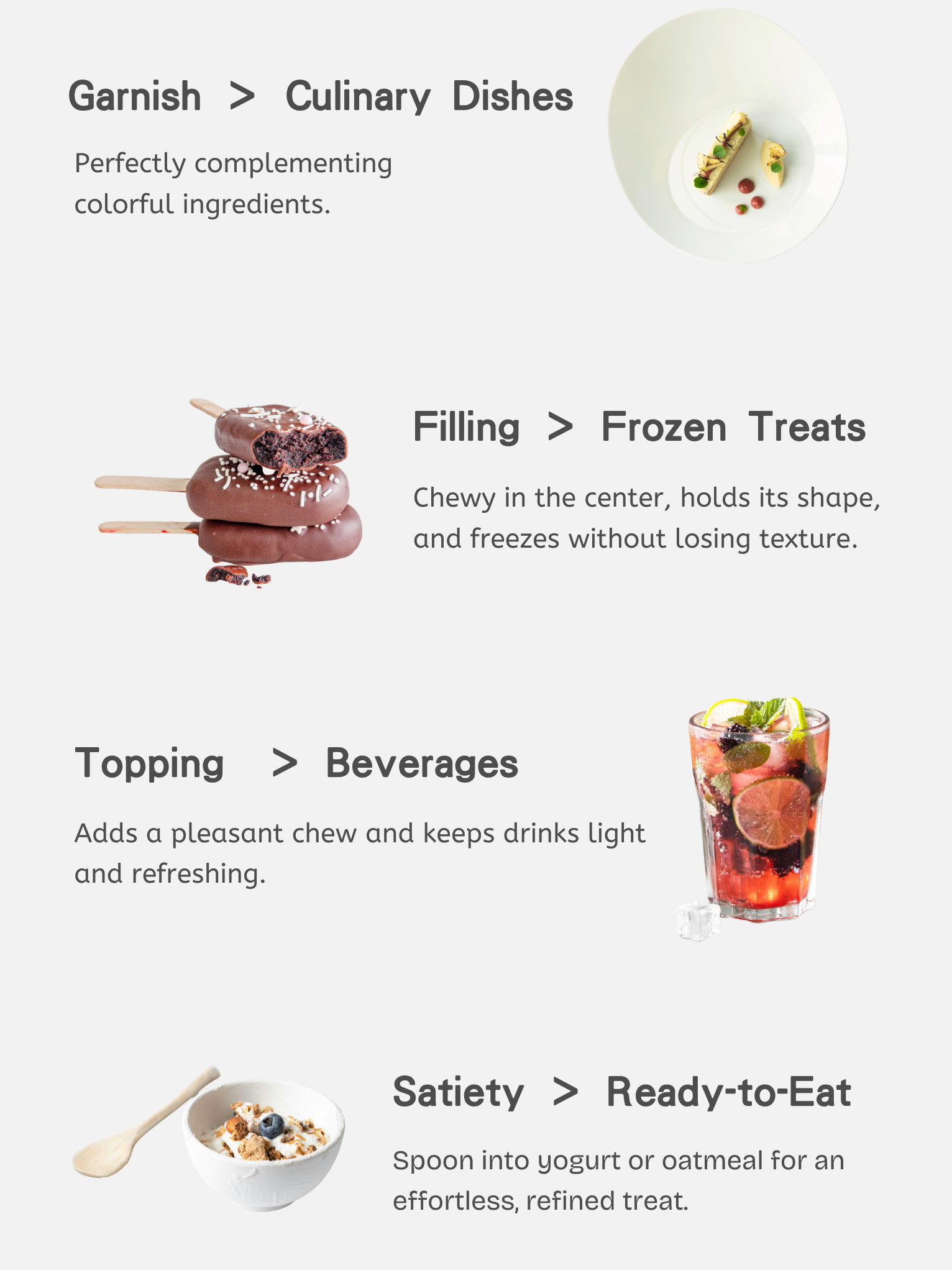 creative ways to use aloe vera cubes such as garnish culinary dishes, filling frozen treats, beverages topping and ready to eat.